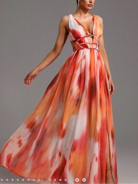Bella Barnett Sleeveless Orange & Red Watercolor Maxi Dress